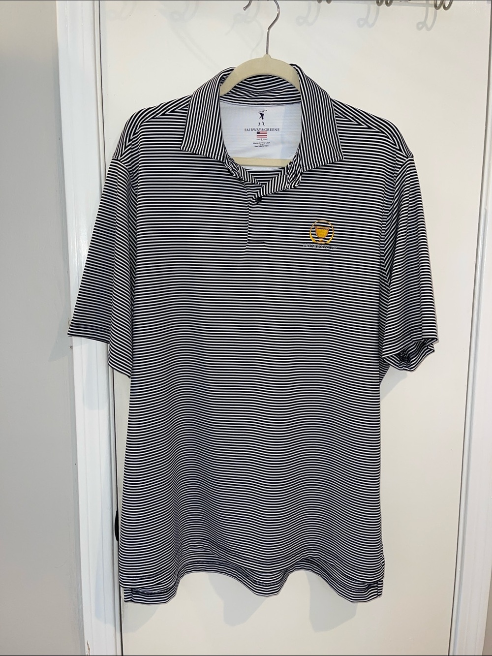 Fairway & Greene Black and White Thin-Striped Polo with President's Cup Logo